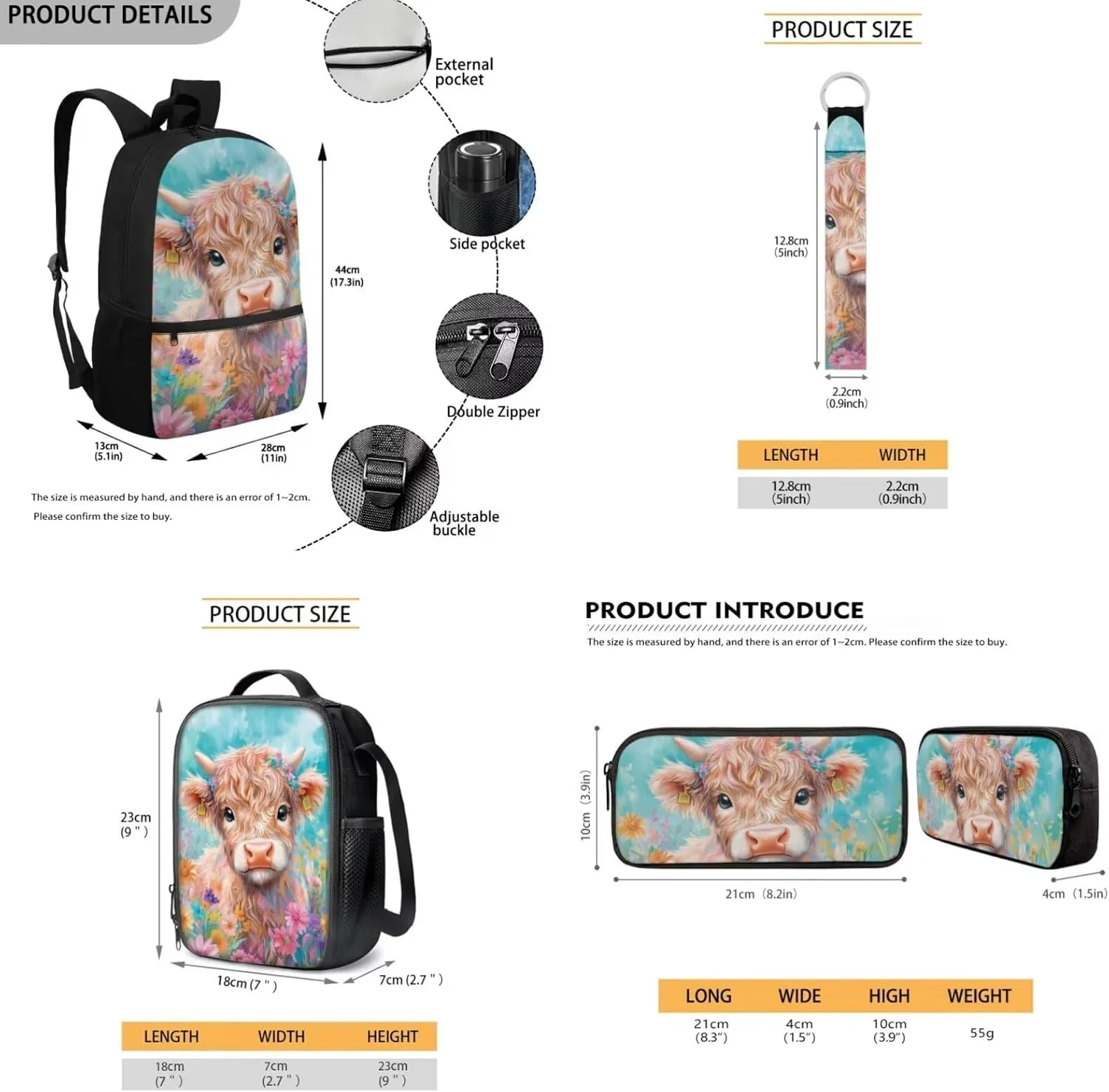 Highland Cow Backpack for School Lightweight 4 in 1 Girls Bookbag and Lunchbox Age 10-12 Large Capacity Cute School Bag for Girls 3rd Grade Kawaii