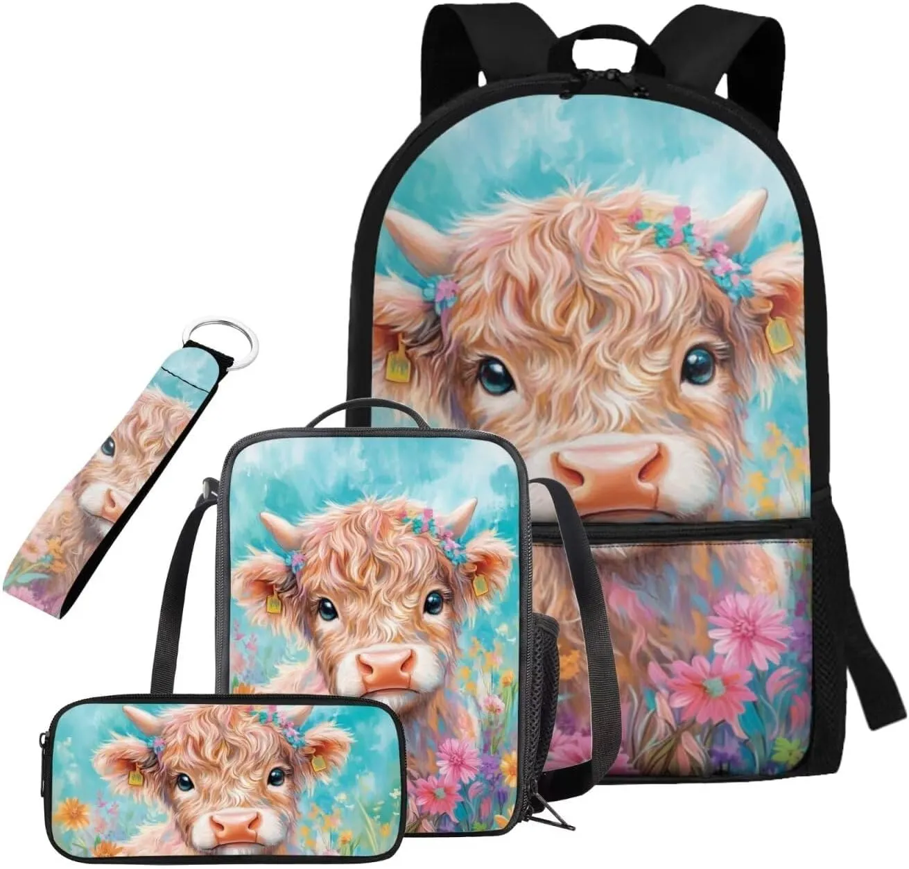 Highland Cow Backpack for School Lightweight 4 in 1 Girls Bookbag and Lunchbox Age 10-12 Large Capacity Cute School Bag for Girls 3rd Grade Kawaii
