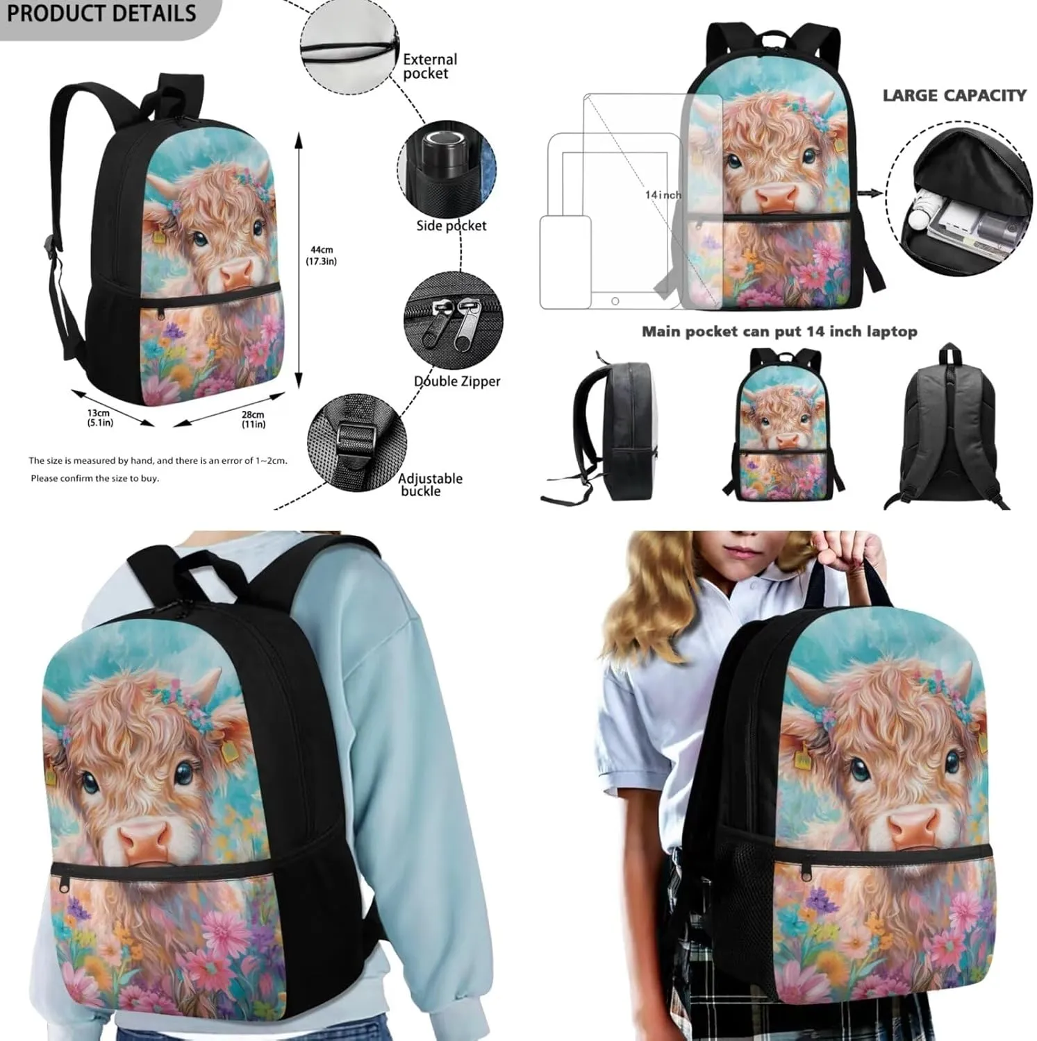 Highland Cow Backpack for School Lightweight 4 in 1 Girls Bookbag and Lunchbox Age 10-12 Large Capacity Cute School Bag for Girls 3rd Grade Kawaii
