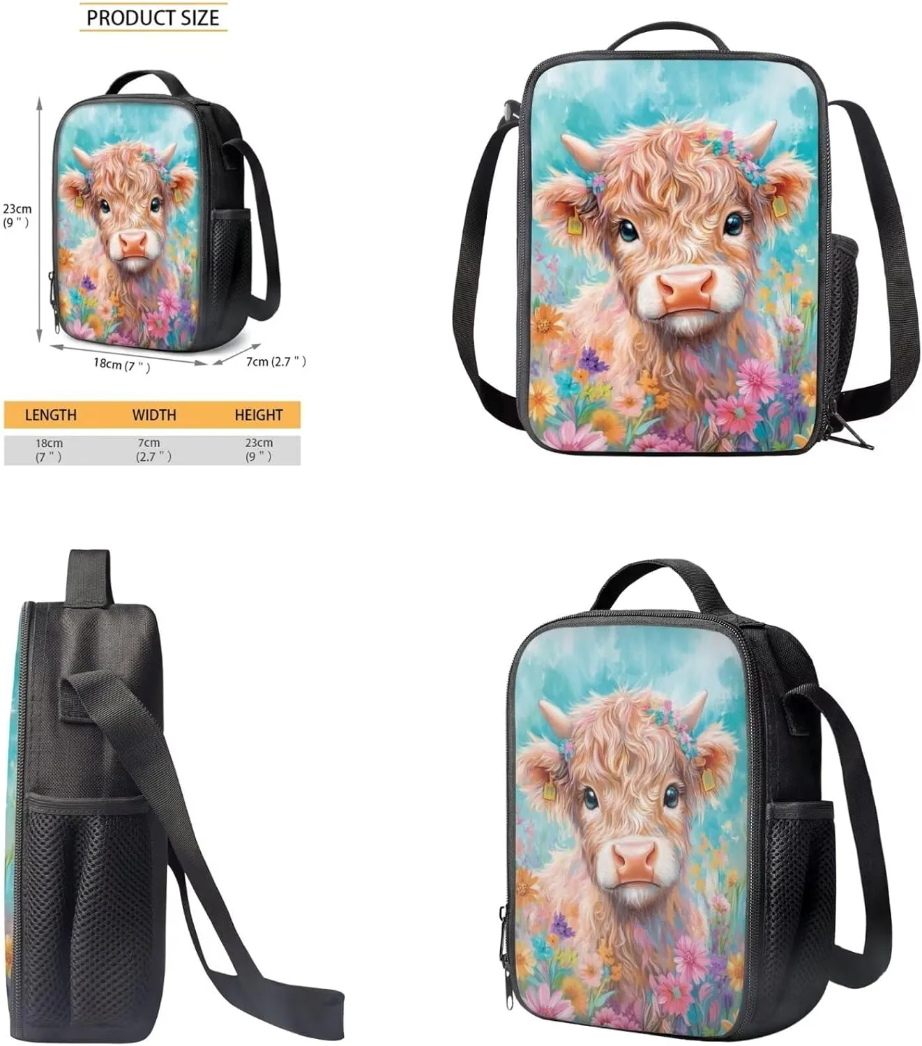 Highland Cow Backpack for School Lightweight 4 in 1 Girls Bookbag and Lunchbox Age 10-12 Large Capacity Cute School Bag for Girls 3rd Grade Kawaii