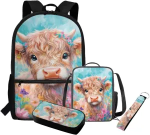 Highland Cow Backpack for School Lightweight 4 in 1 Girls Bookbag and Lunchbox Age 10-12 Large Capacity Cute School Bag for Girls 3rd Grade Kawaii