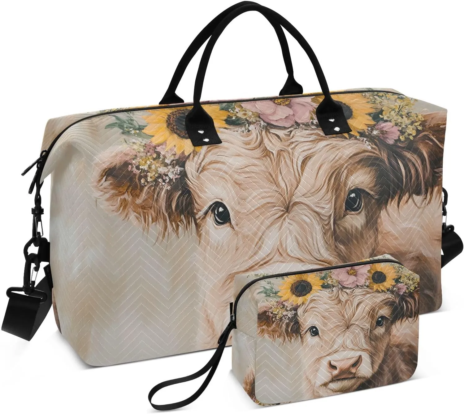 Highland Cow Florals Cute Duffle Bag for Travel, Gym Bag with Multiple Interior Pockets for Men Women Overnight Purse Included 20.5 x 1.9 x 13.8 In