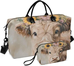 Highland Cow Florals Cute Duffle Bag for Travel, Gym Bag with Multiple Interior Pockets for Men Women Overnight Purse Included 20.5 x 1.9 x 13.8 In