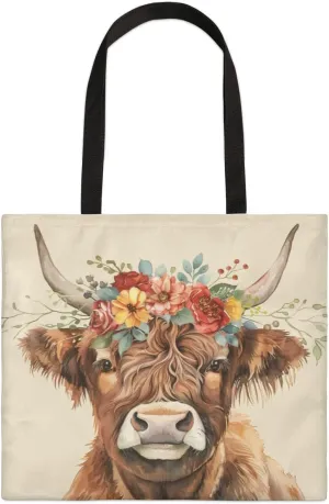 Highland Yak Cow Flowers Beige Canvas Tote Bag for Women Men Stylish Tote Handbag Shoulder Bag Reusable Grocery Bag