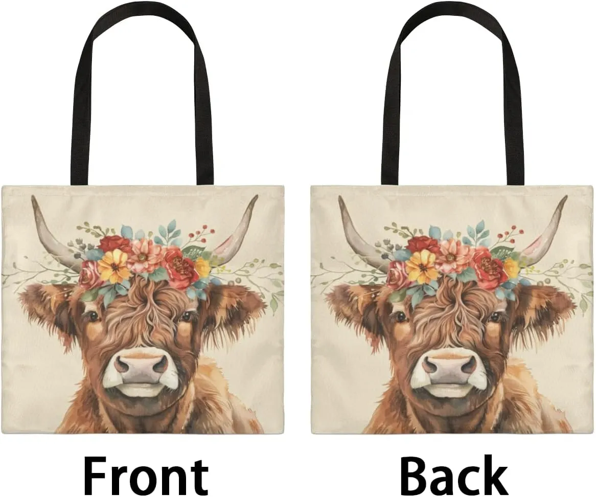 Highland Yak Cow Flowers Beige Canvas Tote Bag for Women Men Stylish Tote Handbag Shoulder Bag Reusable Grocery Bag