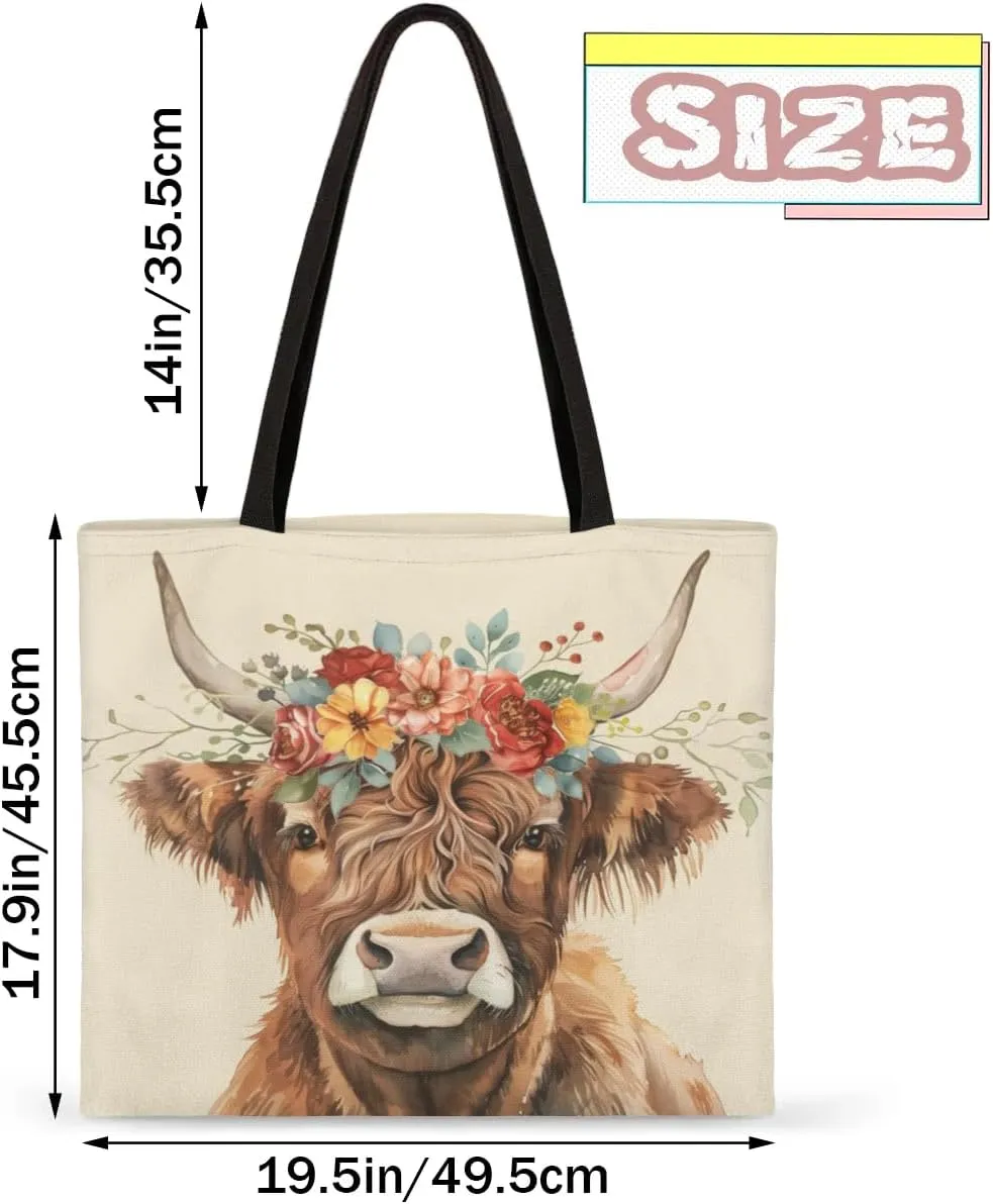 Highland Yak Cow Flowers Beige Canvas Tote Bag for Women Men Stylish Tote Handbag Shoulder Bag Reusable Grocery Bag