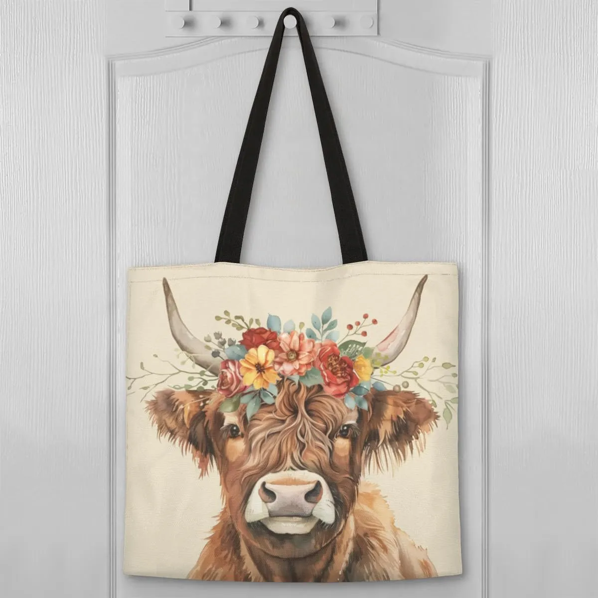 Highland Yak Cow Flowers Beige Canvas Tote Bag for Women Men Stylish Tote Handbag Shoulder Bag Reusable Grocery Bag