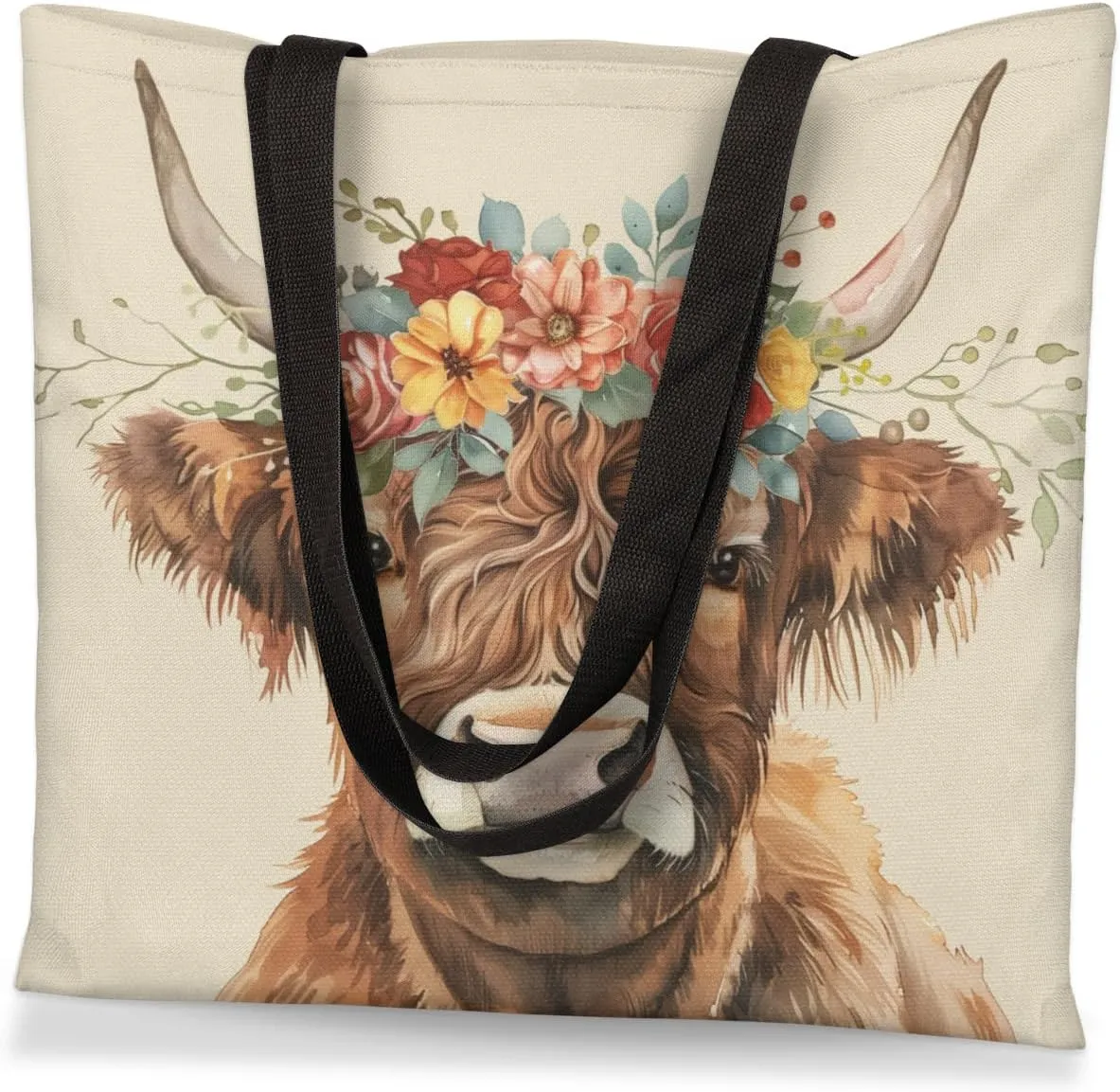 Highland Yak Cow Flowers Beige Canvas Tote Bag for Women Men Stylish Tote Handbag Shoulder Bag Reusable Grocery Bag