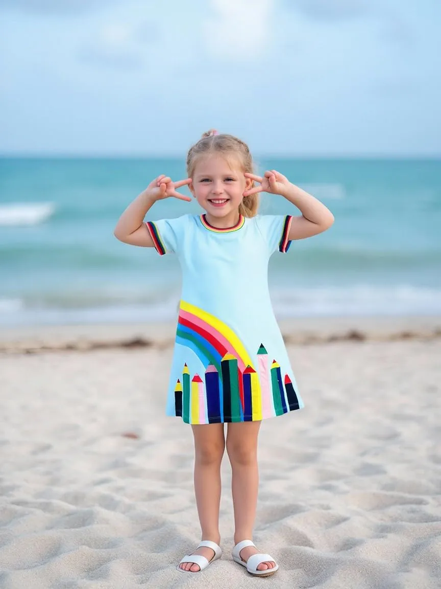 Hongshilian Little Girls Casual Cotton Dress Cartoon Print Short Sleeve Summer T-Shirt Skirt Dresses