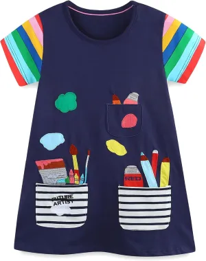 Hongshilian Little Girls Casual Cotton Dress Cartoon Print Short Sleeve Summer T-Shirt Skirt Dresses