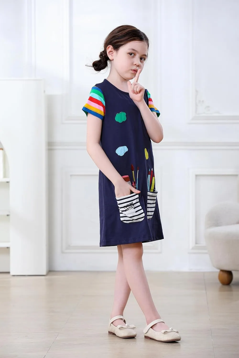 Hongshilian Little Girls Casual Cotton Dress Cartoon Print Short Sleeve Summer T-Shirt Skirt Dresses