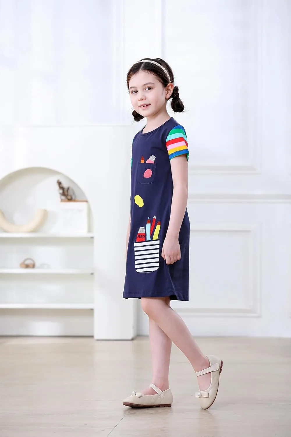 Hongshilian Little Girls Casual Cotton Dress Cartoon Print Short Sleeve Summer T-Shirt Skirt Dresses