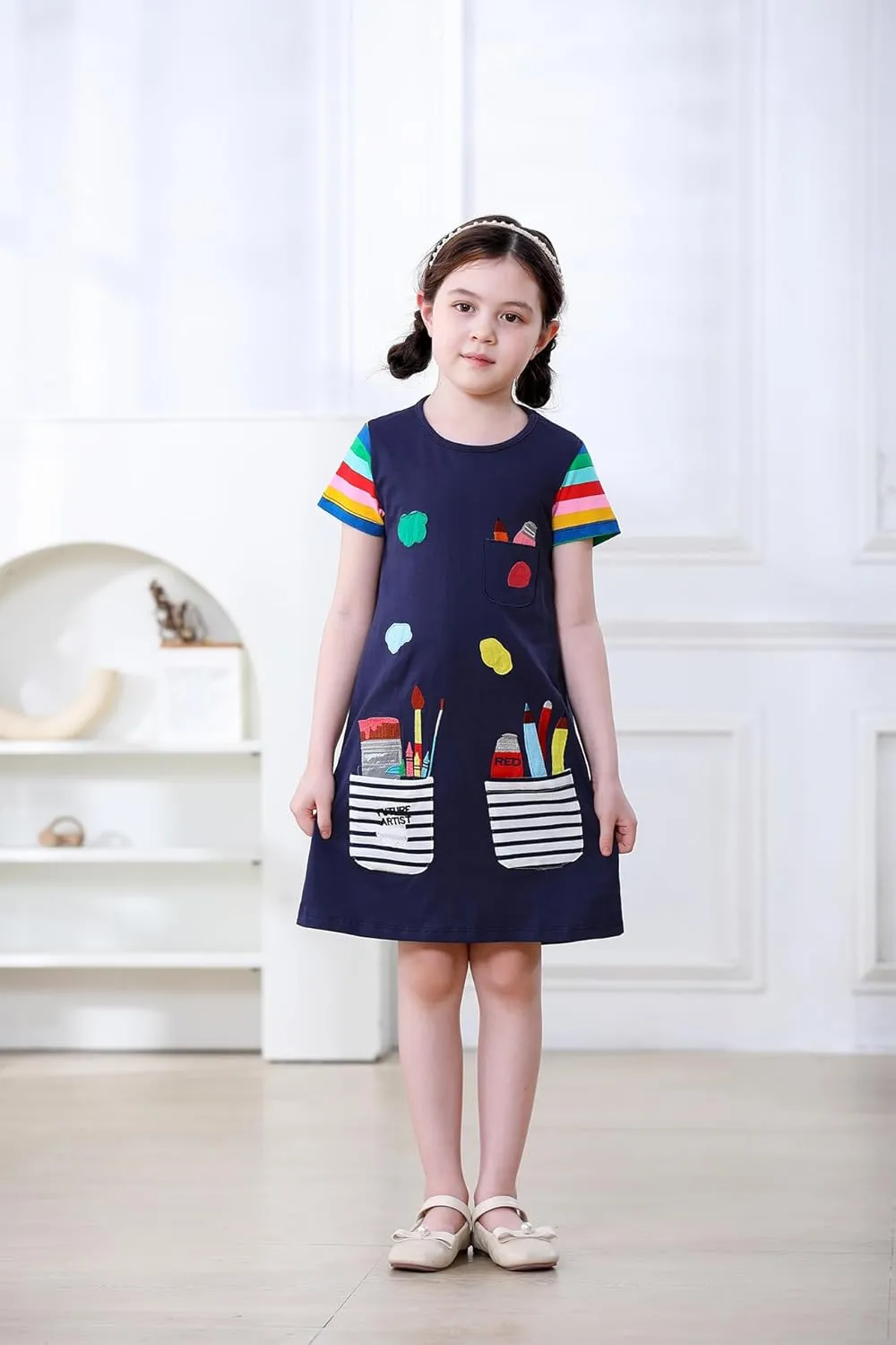 Hongshilian Little Girls Casual Cotton Dress Cartoon Print Short Sleeve Summer T-Shirt Skirt Dresses