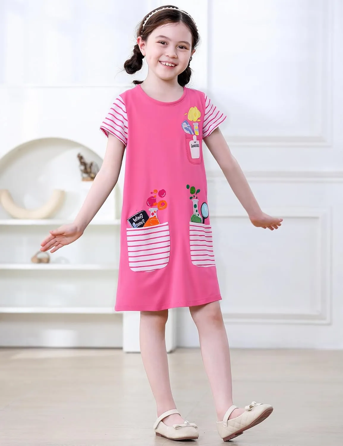 Hongshilian Little Girls Casual Cotton Dress Cartoon Print Short Sleeve Summer T-Shirt Skirt Dresses