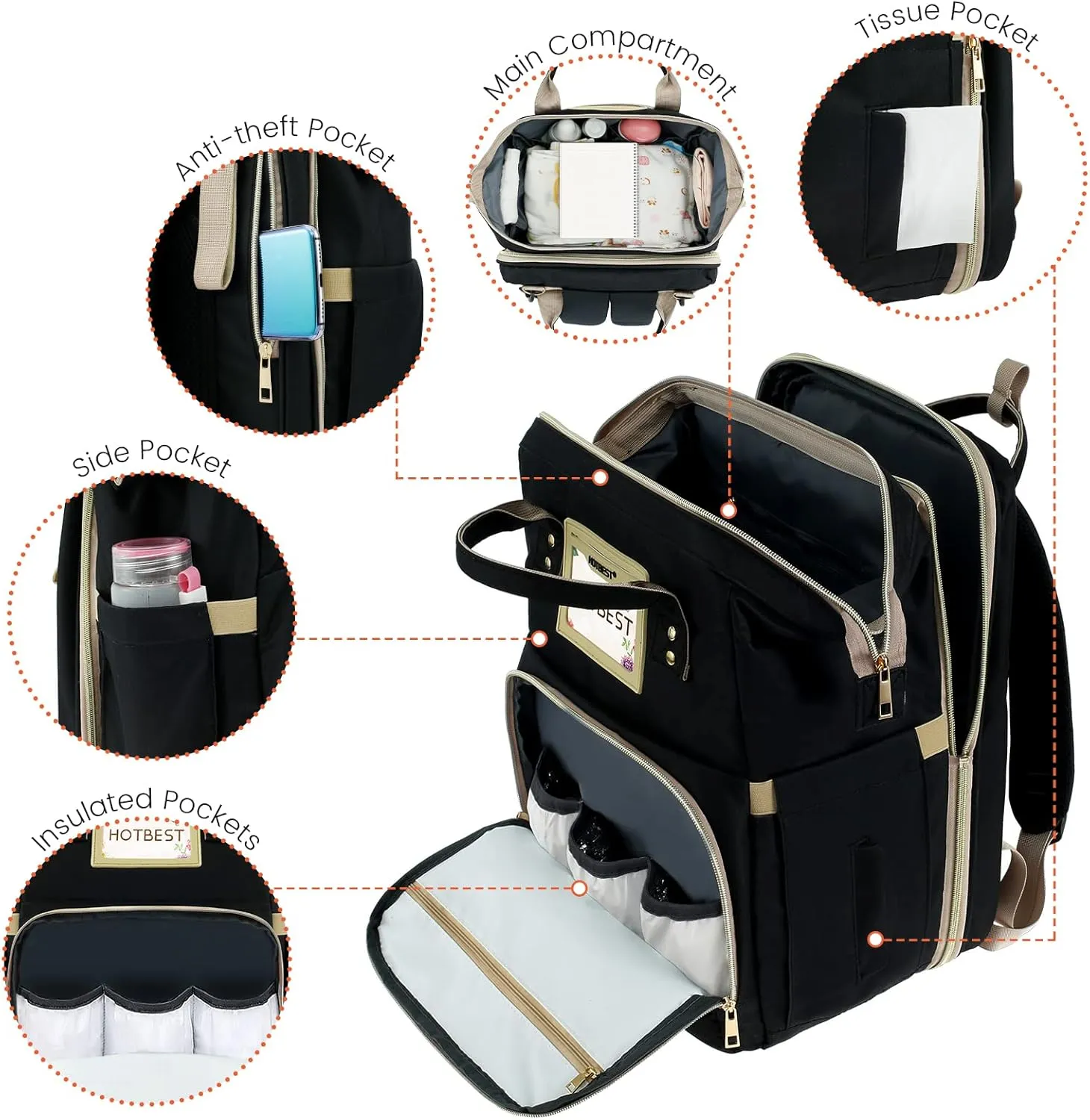 HOTBEST Baby Diaper Bag Backpack,Newborn Registry for Baby Shower Gifts, Portable Nappy Bags for Girls Boys, Multifunction Travel Stuff Maternity New Mom Gifts for Women, Black