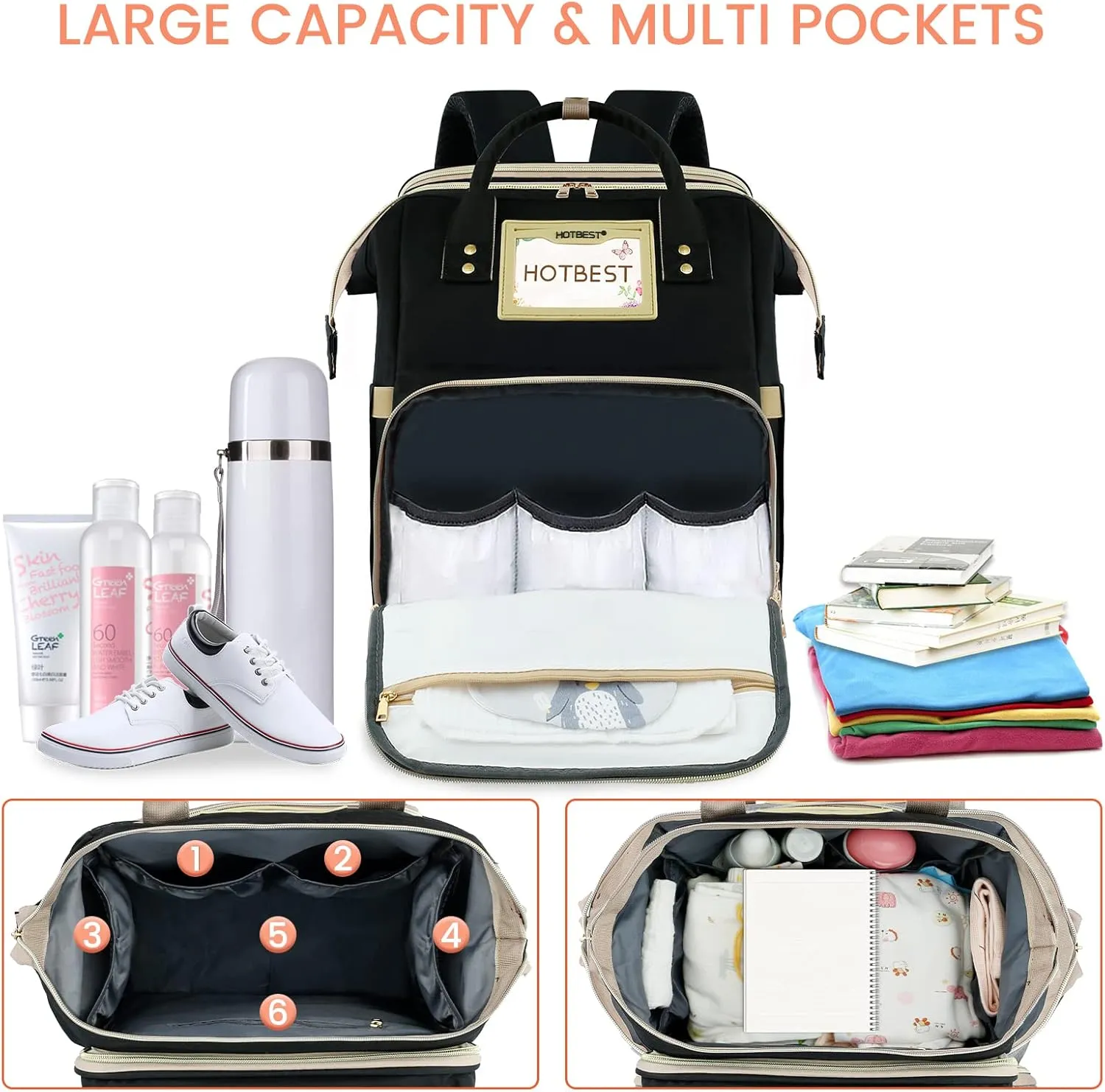 HOTBEST Baby Diaper Bag Backpack,Newborn Registry for Baby Shower Gifts, Portable Nappy Bags for Girls Boys, Multifunction Travel Stuff Maternity New Mom Gifts for Women, Black
