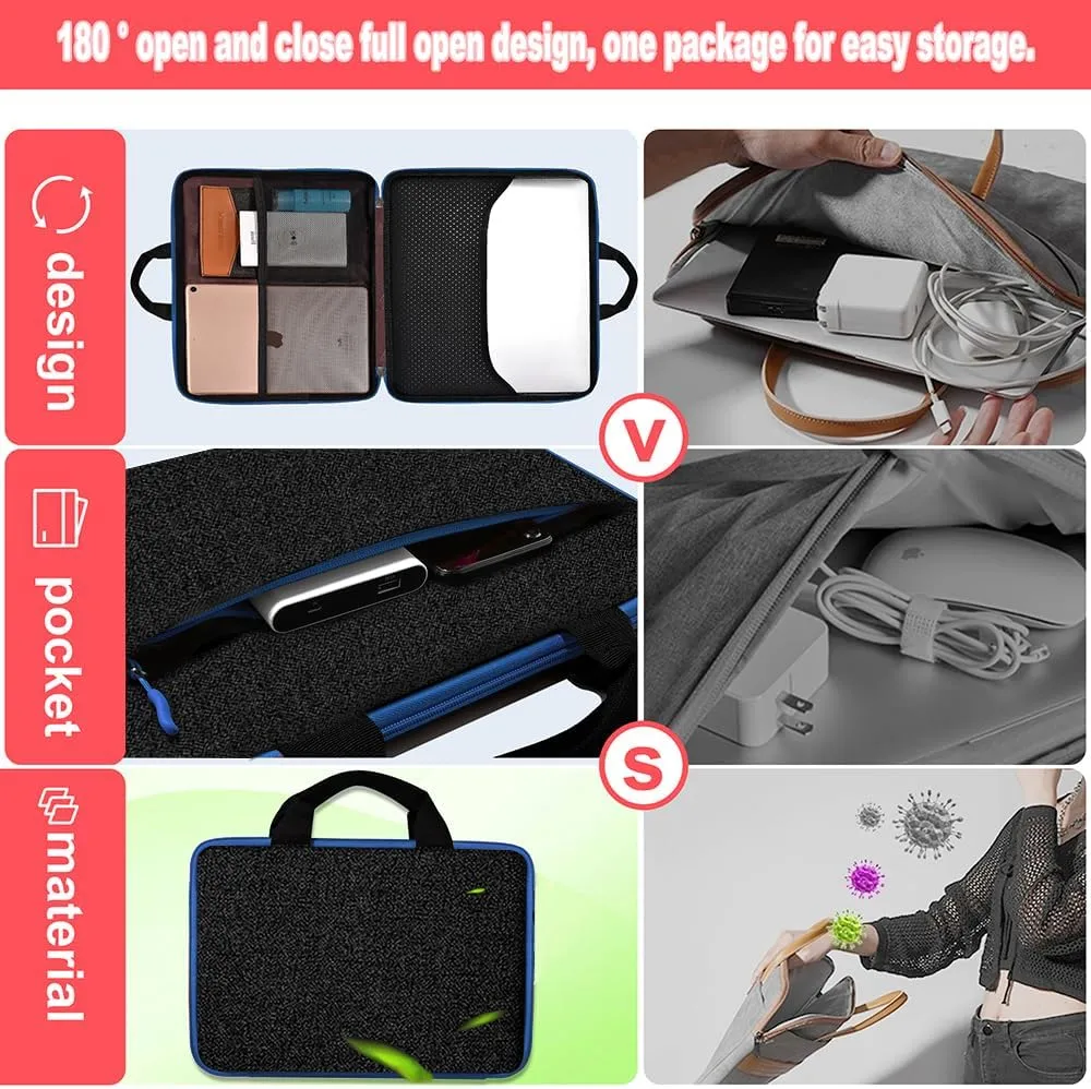 Hseok Laptop Case 13.3-14 inch Briefcase Handbag, Water-Resistant and Shockproof Computer Sleeve Compatible with MacBook Pro 14", Mac Air/Pro 13.3" and 13"-14" Notebooks Chromebooks,Black-Blue