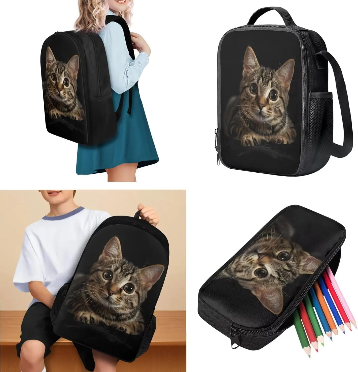 HUGS IDEA 3d Cat Backpack with Lunch Box Cute Animal School Bookbags for 6Th Grade Girls Middle School Backpack Set 4 in 1Kids Bookbags Set with Lunch Box Lightweight School Bag Set