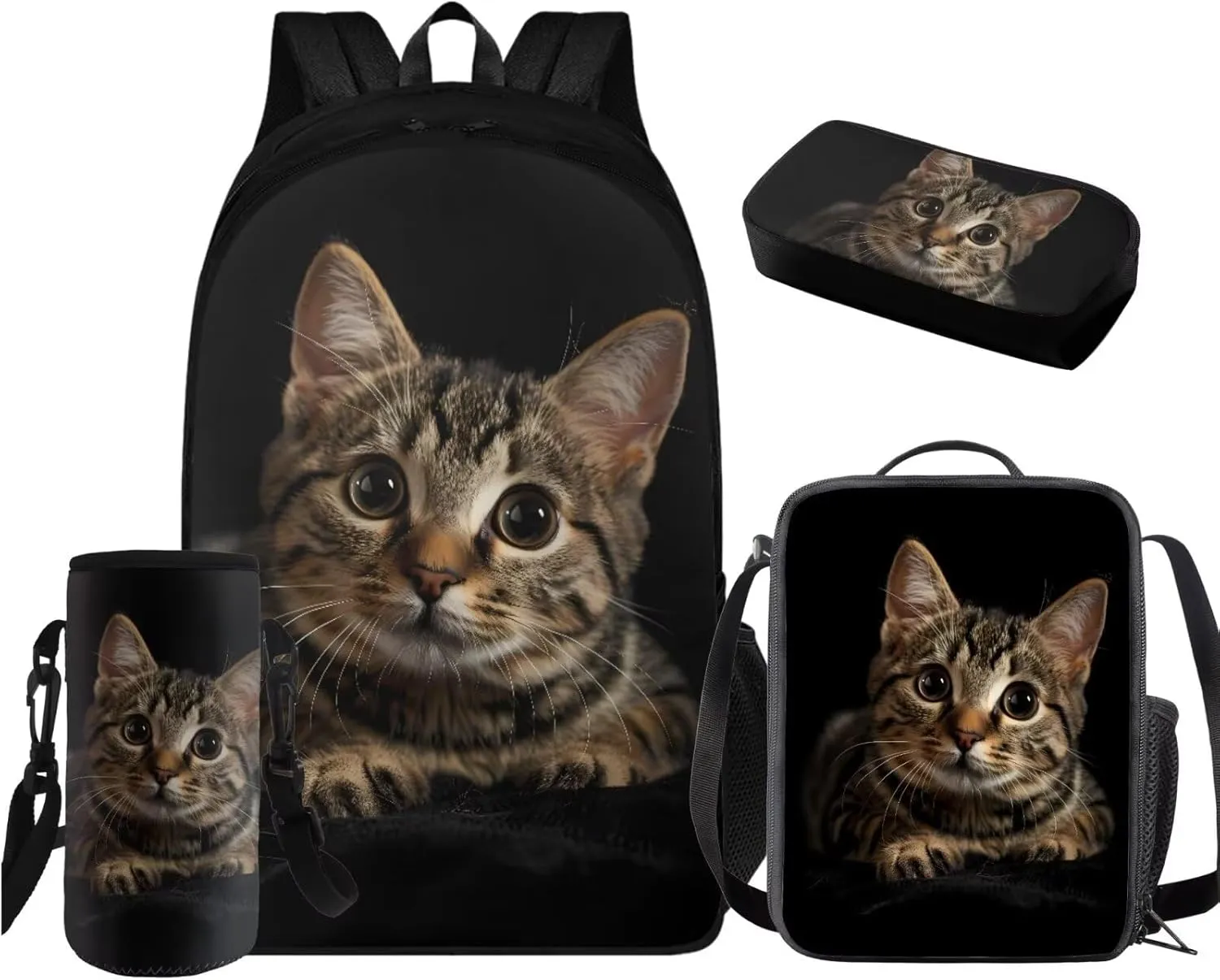 HUGS IDEA 3d Cat Backpack with Lunch Box Cute Animal School Bookbags for 6Th Grade Girls Middle School Backpack Set 4 in 1Kids Bookbags Set with Lunch Box Lightweight School Bag Set