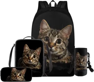 HUGS IDEA 3d Cat Backpack with Lunch Box Cute Animal School Bookbags for 6Th Grade Girls Middle School Backpack Set 4 in 1Kids Bookbags Set with Lunch Box Lightweight School Bag Set