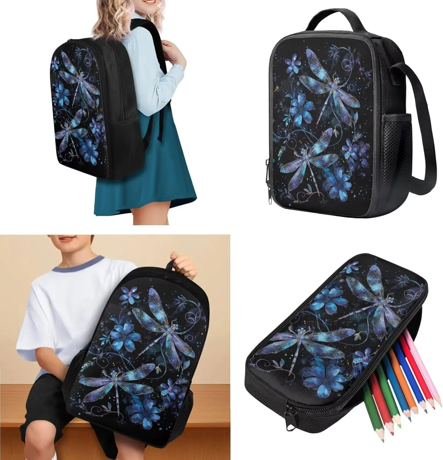 HUGS IDEA Aesthetic Kids Backpack with Matching Lunch Box for Girls Blue Dragonfly Backpack for School Girls 4 Pcs Girls School Bag Set for Elementary Middle School Kids Casual Hiking Daypack