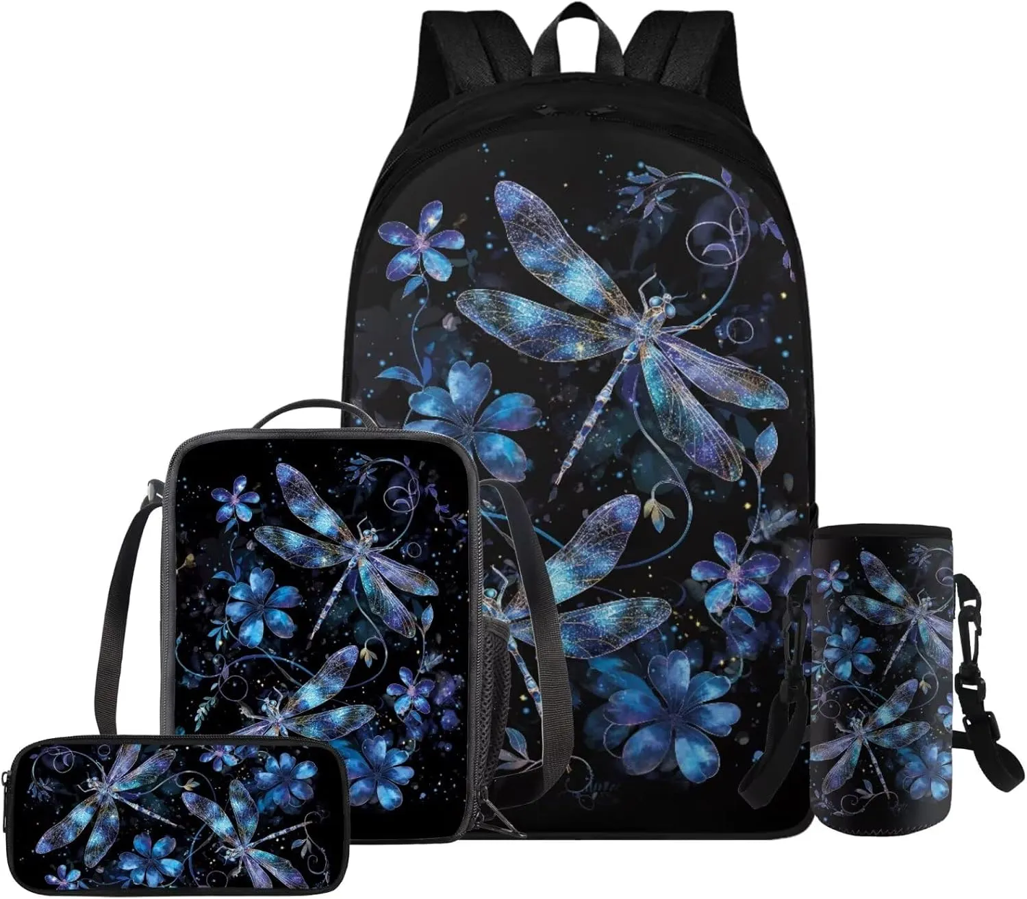 HUGS IDEA Aesthetic Kids Backpack with Matching Lunch Box for Girls Blue Dragonfly Backpack for School Girls 4 Pcs Girls School Bag Set for Elementary Middle School Kids Casual Hiking Daypack