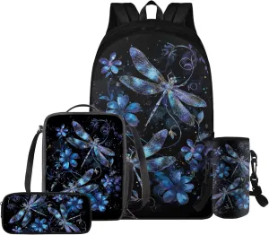HUGS IDEA Aesthetic Kids Backpack with Matching Lunch Box for Girls Blue Dragonfly Backpack for School Girls 4 Pcs Girls School Bag Set for Elementary Middle School Kids Casual Hiking Daypack