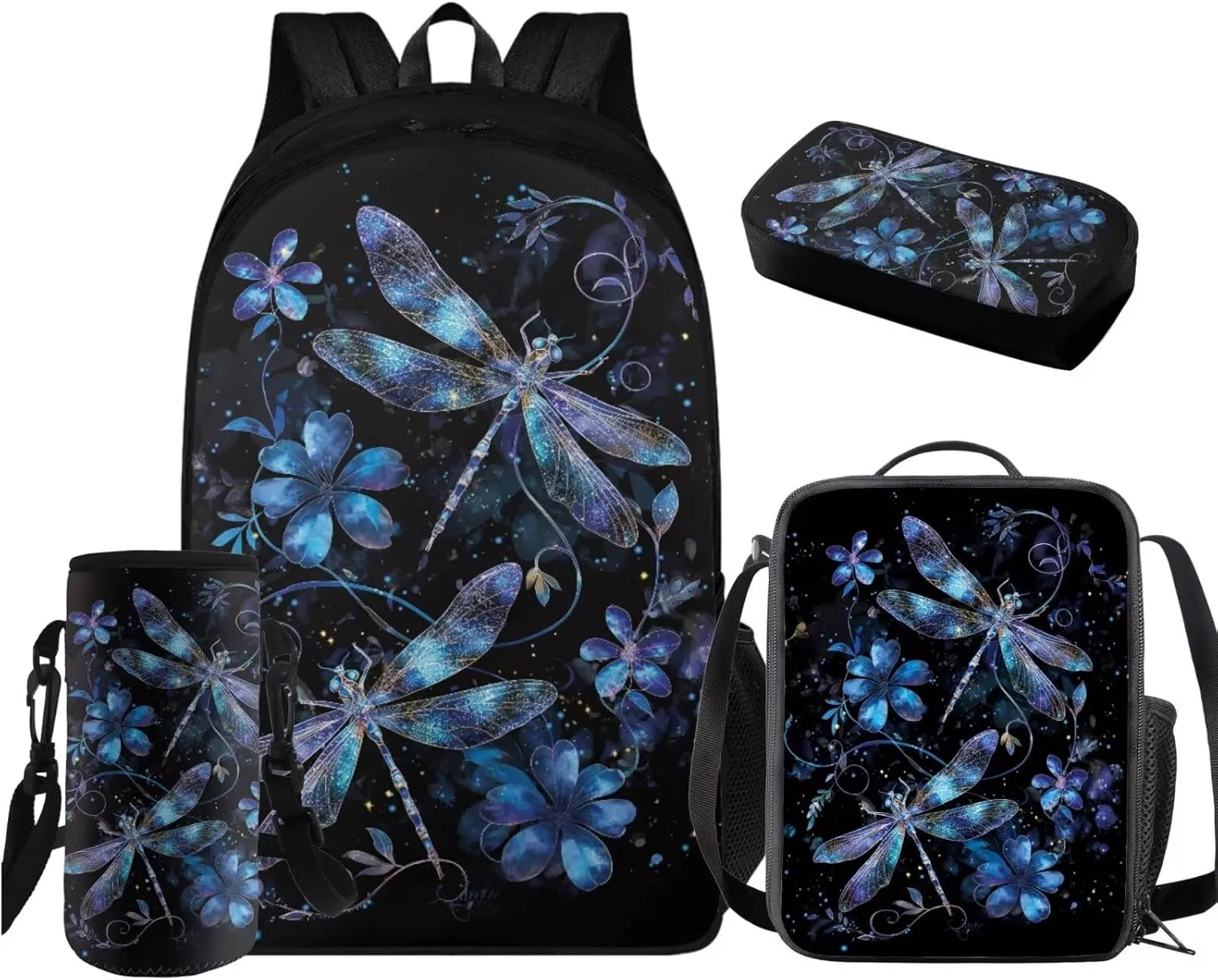 HUGS IDEA Aesthetic Kids Backpack with Matching Lunch Box for Girls Blue Dragonfly Backpack for School Girls 4 Pcs Girls School Bag Set for Elementary Middle School Kids Casual Hiking Daypack