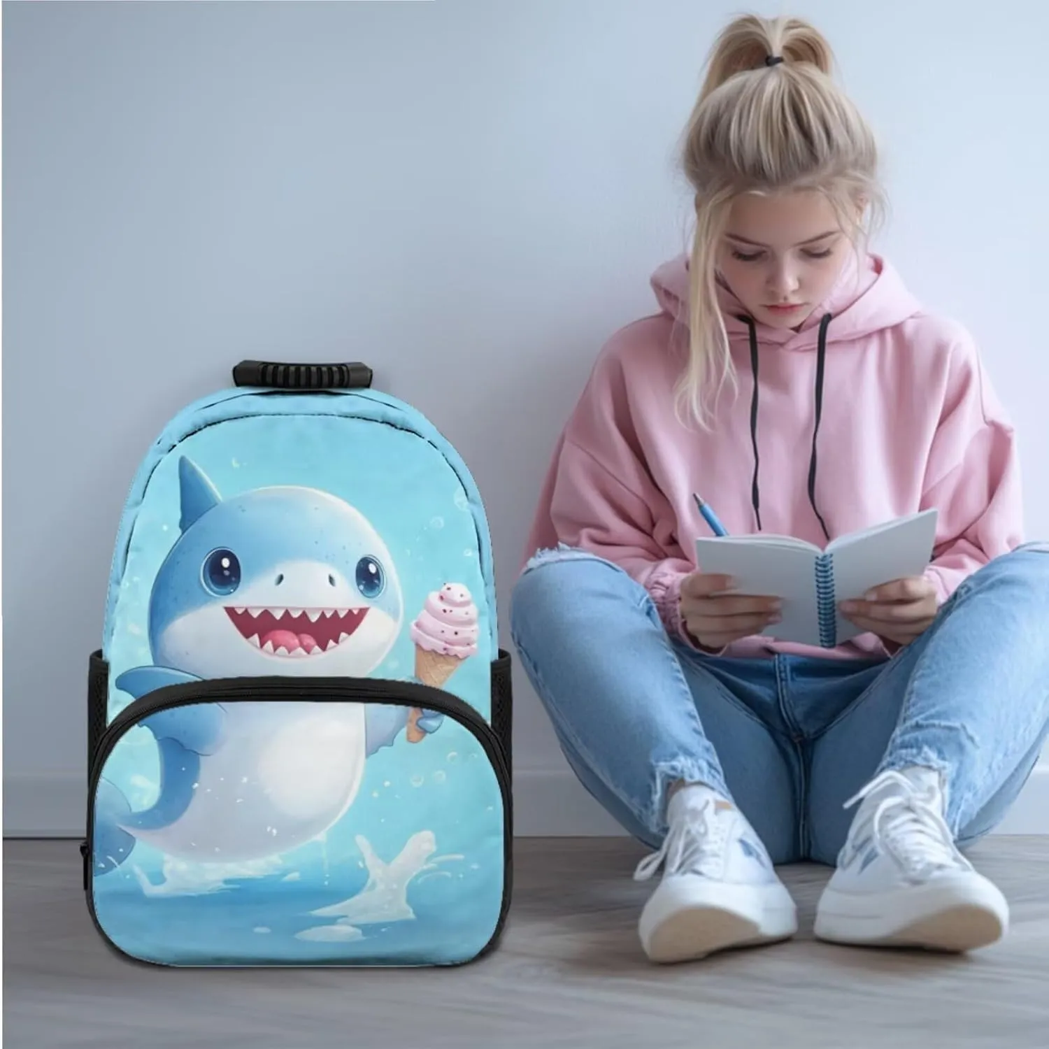 HUGS IDEA Baby Shark Backpack for Girls 3-5 Cute Kids Backpack for Elementary School Girls School Bag with Lunch Bag Pencil Case Lightweight Back Pack for Kids Children Schoolbag Set