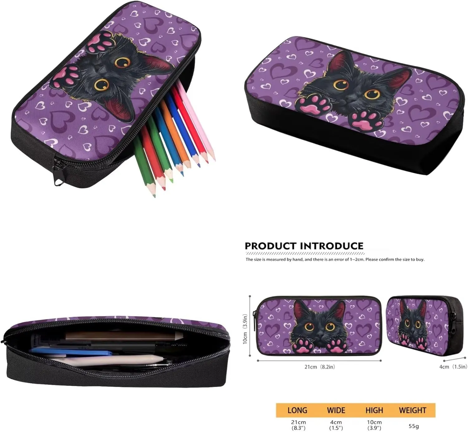 HUGS IDEA Black Cat Girls Backpack and Lunch Box Set for Kids 4-6 Love Print School Bag for Elementary Girls 4 Piece Book Bag Set with Lunch Box Pencil Case and Keychain Mochilas Para NiñA