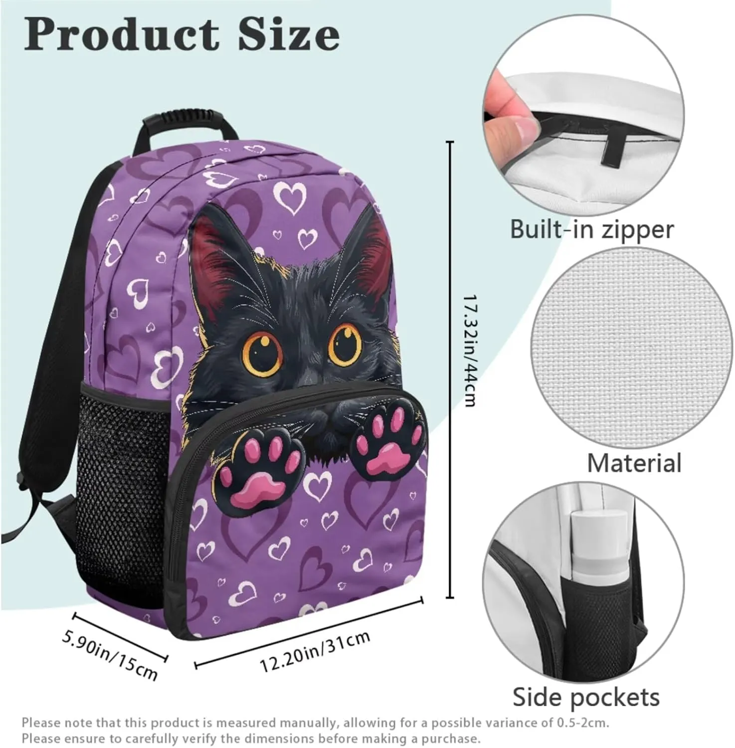 HUGS IDEA Black Cat Girls Backpack and Lunch Box Set for Kids 4-6 Love Print School Bag for Elementary Girls 4 Piece Book Bag Set with Lunch Box Pencil Case and Keychain Mochilas Para NiñA