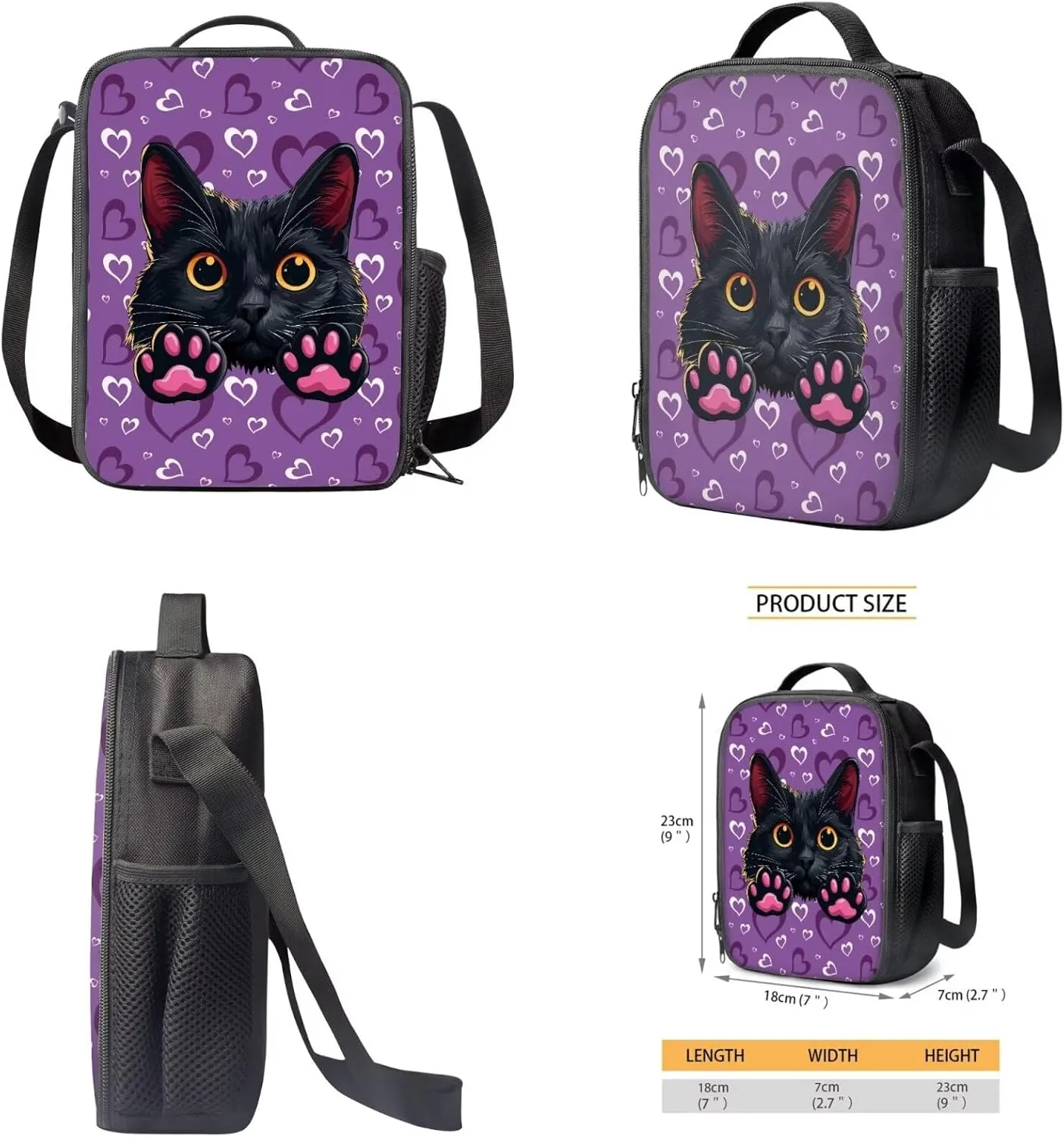 HUGS IDEA Black Cat Girls Backpack and Lunch Box Set for Kids 4-6 Love Print School Bag for Elementary Girls 4 Piece Book Bag Set with Lunch Box Pencil Case and Keychain Mochilas Para NiñA