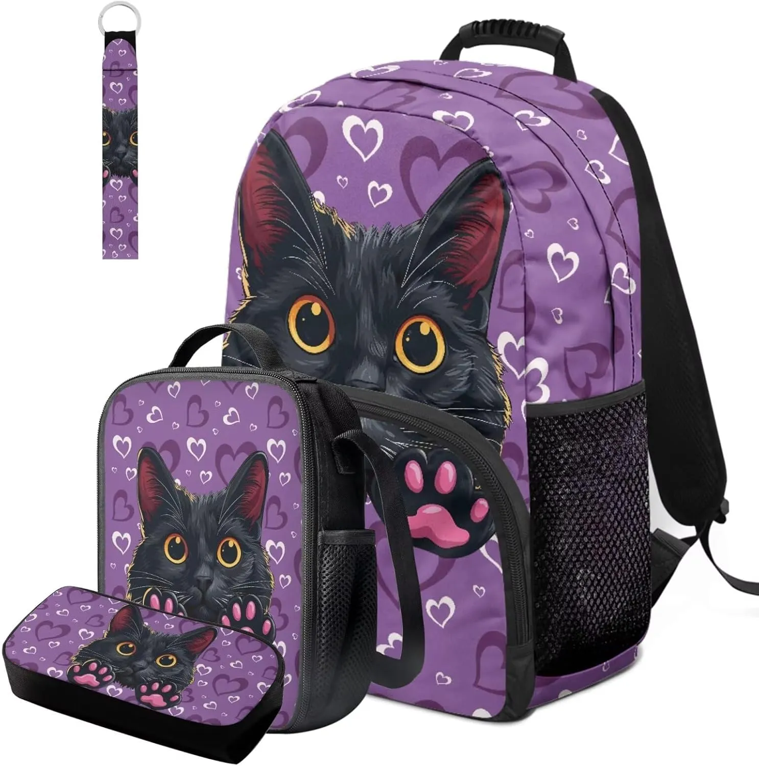 HUGS IDEA Black Cat Girls Backpack and Lunch Box Set for Kids 4-6 Love Print School Bag for Elementary Girls 4 Piece Book Bag Set with Lunch Box Pencil Case and Keychain Mochilas Para NiñA