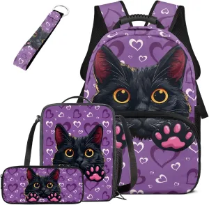HUGS IDEA Black Cat Girls Backpack and Lunch Box Set for Kids 4-6 Love Print School Bag for Elementary Girls 4 Piece Book Bag Set with Lunch Box Pencil Case and Keychain Mochilas Para NiñA