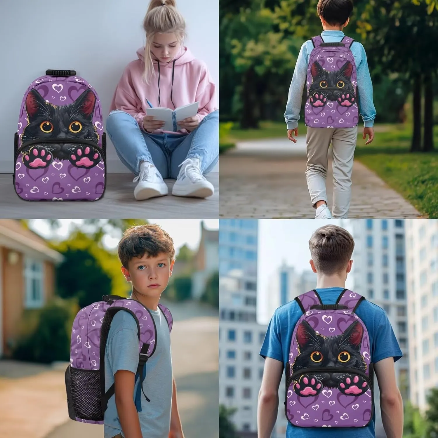 HUGS IDEA Black Cat Girls Backpack and Lunch Box Set for Kids 4-6 Love Print School Bag for Elementary Girls 4 Piece Book Bag Set with Lunch Box Pencil Case and Keychain Mochilas Para NiñA