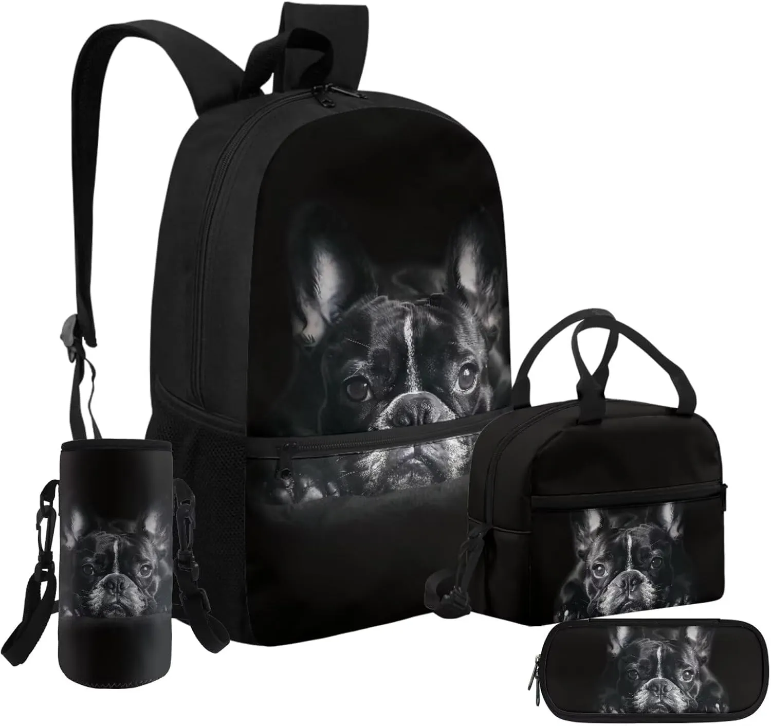 HUGS IDEA Black French Bulldog Backpack for Teen Girls Cute Dog Backpack for Kids 4 in 1 School Bag Set for Girls 10-12 Large Capacity School Bookbag for Elementary School Book Bag