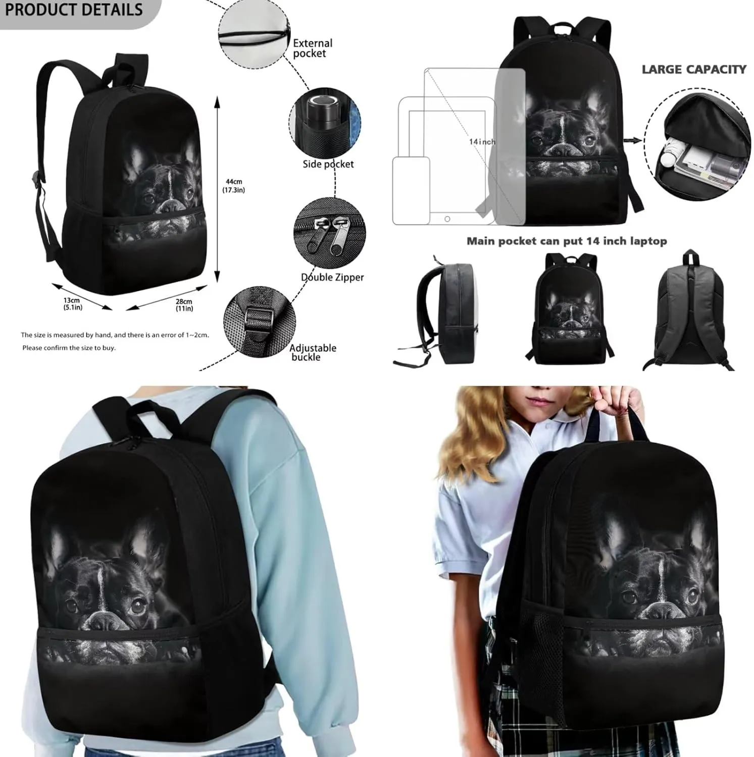 HUGS IDEA Black French Bulldog Backpack for Teen Girls Cute Dog Backpack for Kids 4 in 1 School Bag Set for Girls 10-12 Large Capacity School Bookbag for Elementary School Book Bag