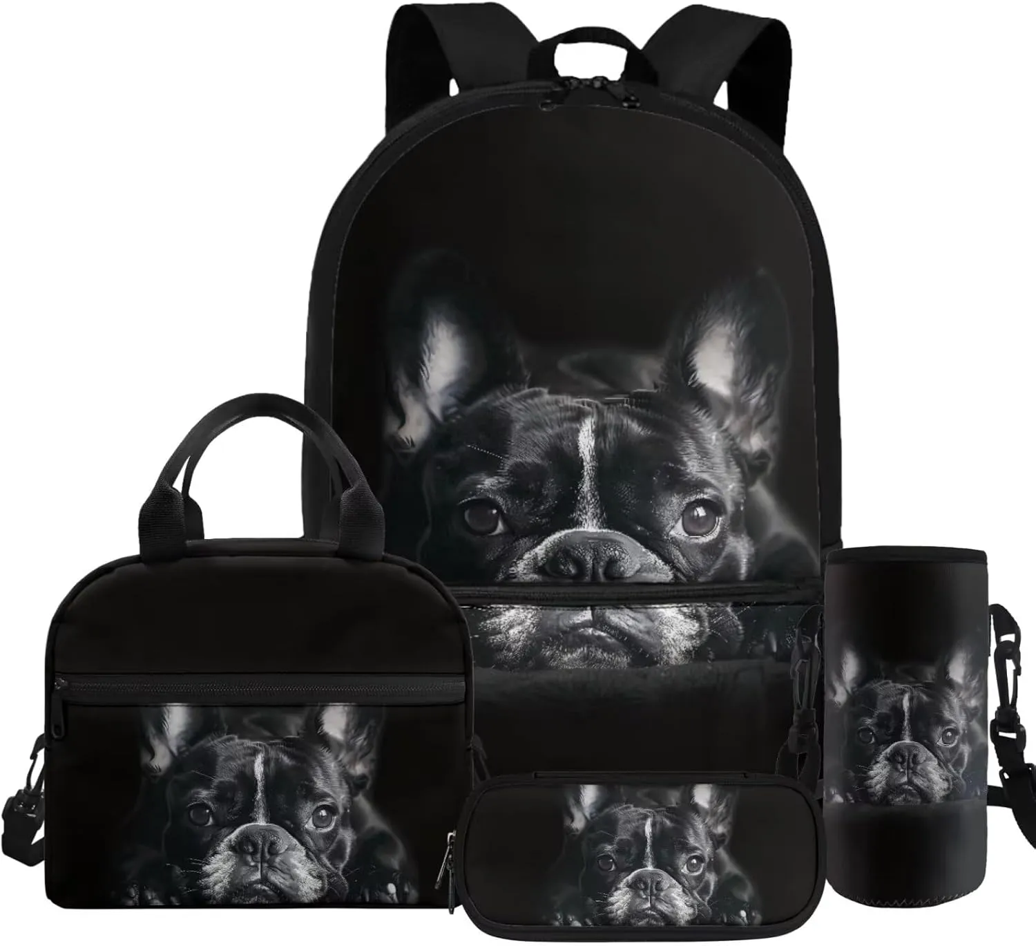 HUGS IDEA Black French Bulldog Backpack for Teen Girls Cute Dog Backpack for Kids 4 in 1 School Bag Set for Girls 10-12 Large Capacity School Bookbag for Elementary School Book Bag