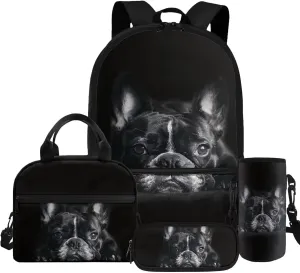HUGS IDEA Black French Bulldog Backpack for Teen Girls Cute Dog Backpack for Kids 4 in 1 School Bag Set for Girls 10-12 Large Capacity School Bookbag for Elementary School Book Bag
