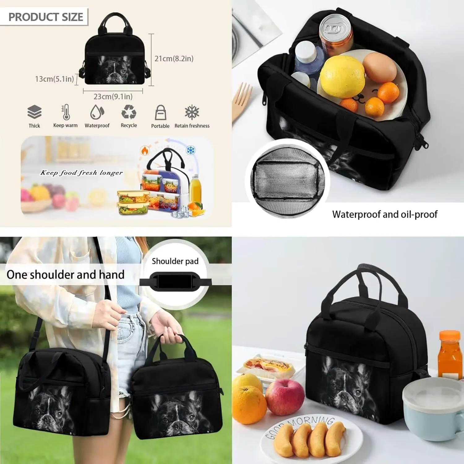 HUGS IDEA Black French Bulldog Backpack for Teen Girls Cute Dog Backpack for Kids 4 in 1 School Bag Set for Girls 10-12 Large Capacity School Bookbag for Elementary School Book Bag