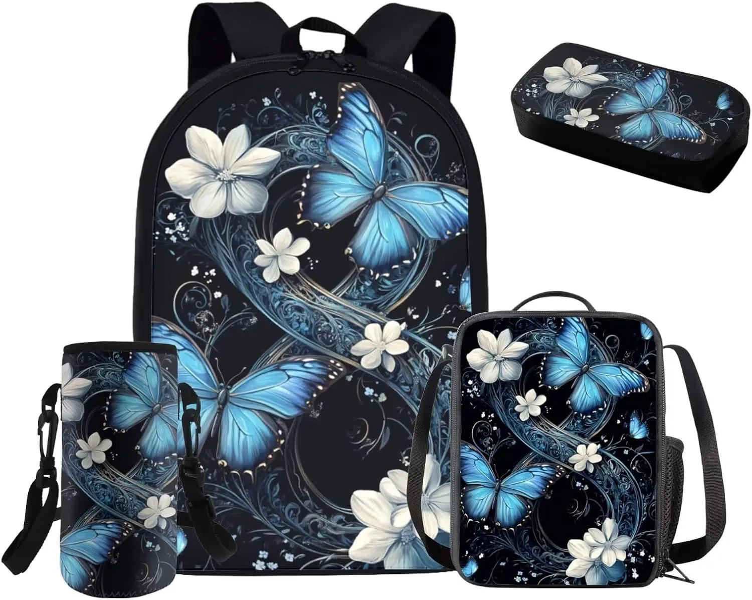 HUGS IDEA Blue Butterfly Backpack for Girls for School Bookbag for Girls 8-10 School Backpack with Lunch Bag Pencil Case Bottle Sleeve Kids School Bag Set for Elementary School 4 in 1Set