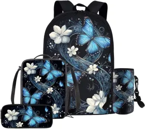 HUGS IDEA Blue Butterfly Backpack for Girls for School Bookbag for Girls 8-10 School Backpack with Lunch Bag Pencil Case Bottle Sleeve Kids School Bag Set for Elementary School 4 in 1Set