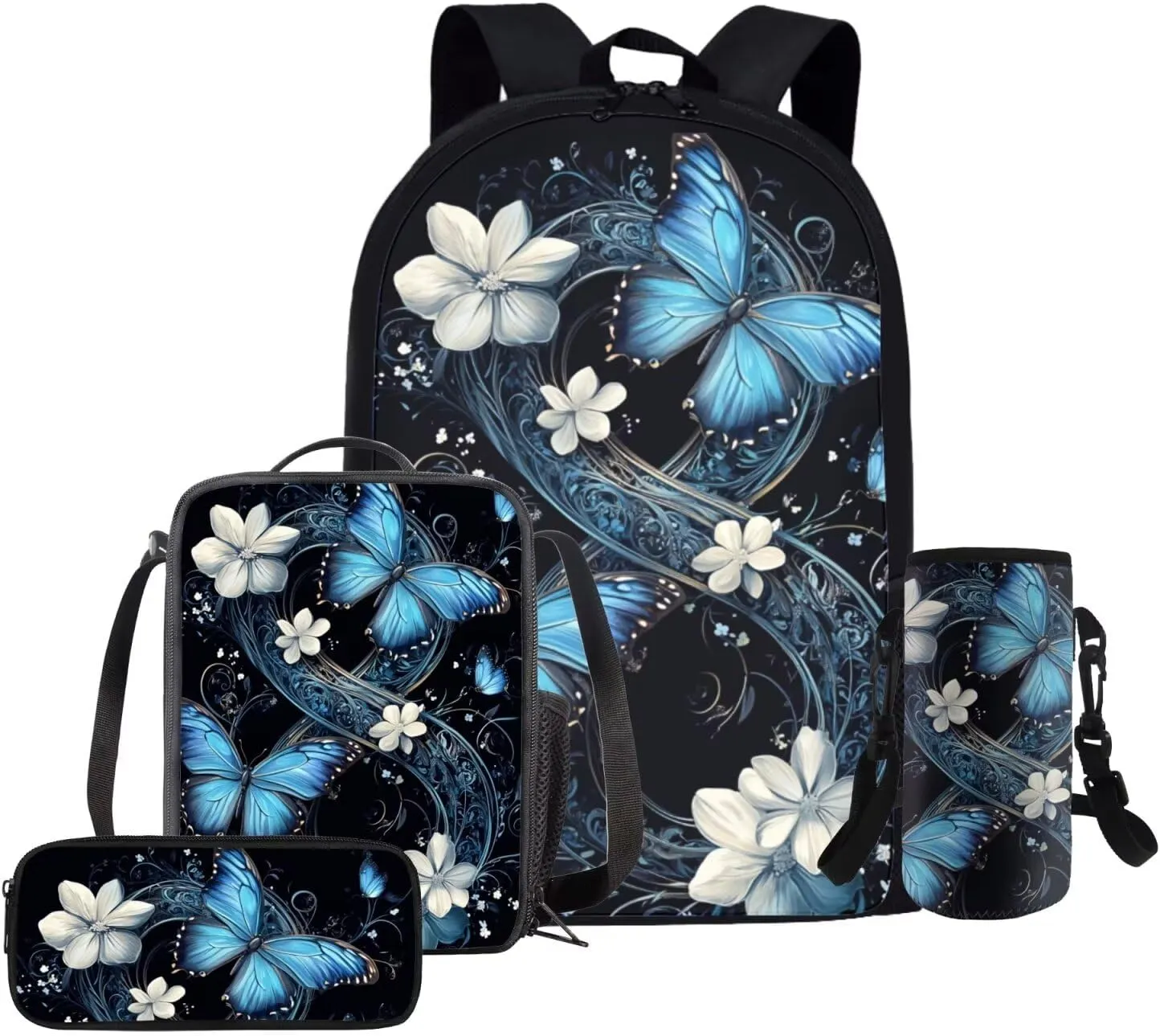 HUGS IDEA Blue Butterfly Backpack for Girls for School Bookbag for Girls 8-10 School Backpack with Lunch Bag Pencil Case Bottle Sleeve Kids School Bag Set for Elementary School 4 in 1Set