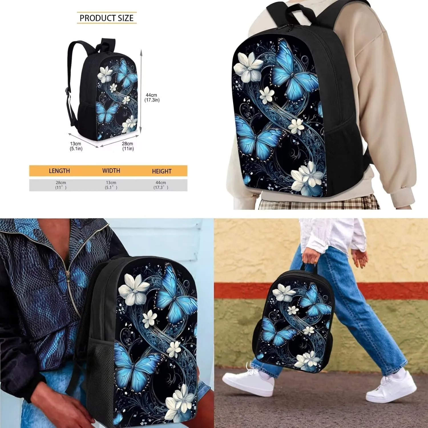 HUGS IDEA Blue Butterfly Backpack for Girls for School Bookbag for Girls 8-10 School Backpack with Lunch Bag Pencil Case Bottle Sleeve Kids School Bag Set for Elementary School 4 in 1Set