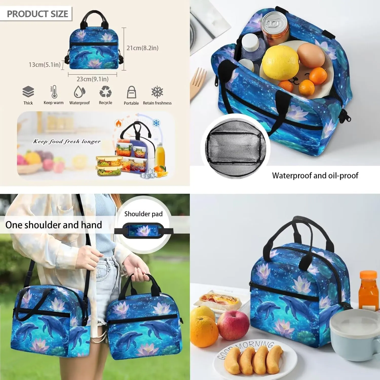 HUGS IDEA Blue Dolphin Backpack for Girls with Lunch Box Sea Animal School Bag for Kids 10-12 School Backpack Set and Lunch Box for Girls 4 Pieces School Bookbag for Middle School Daypack
