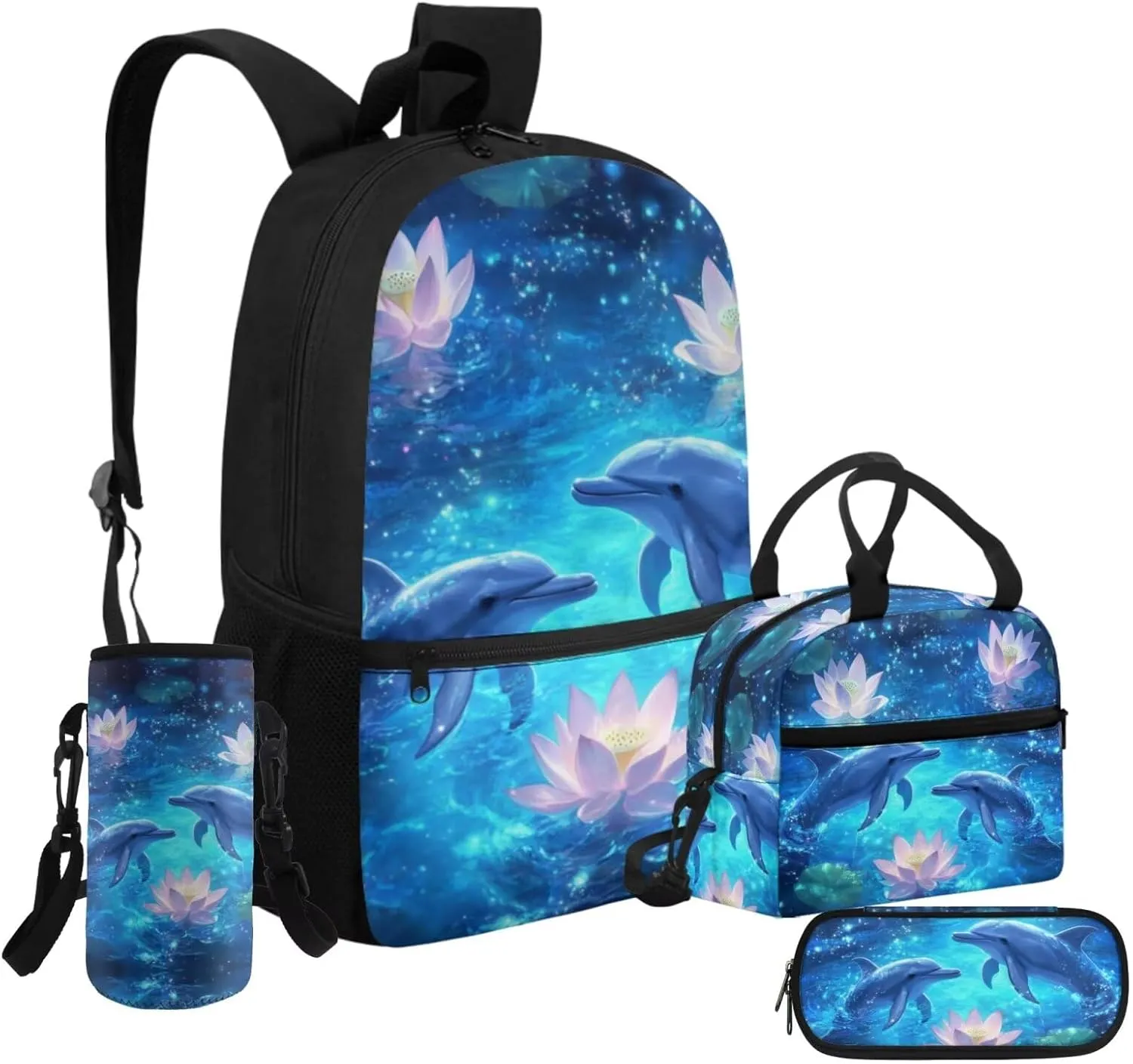 HUGS IDEA Blue Dolphin Backpack for Girls with Lunch Box Sea Animal School Bag for Kids 10-12 School Backpack Set and Lunch Box for Girls 4 Pieces School Bookbag for Middle School Daypack