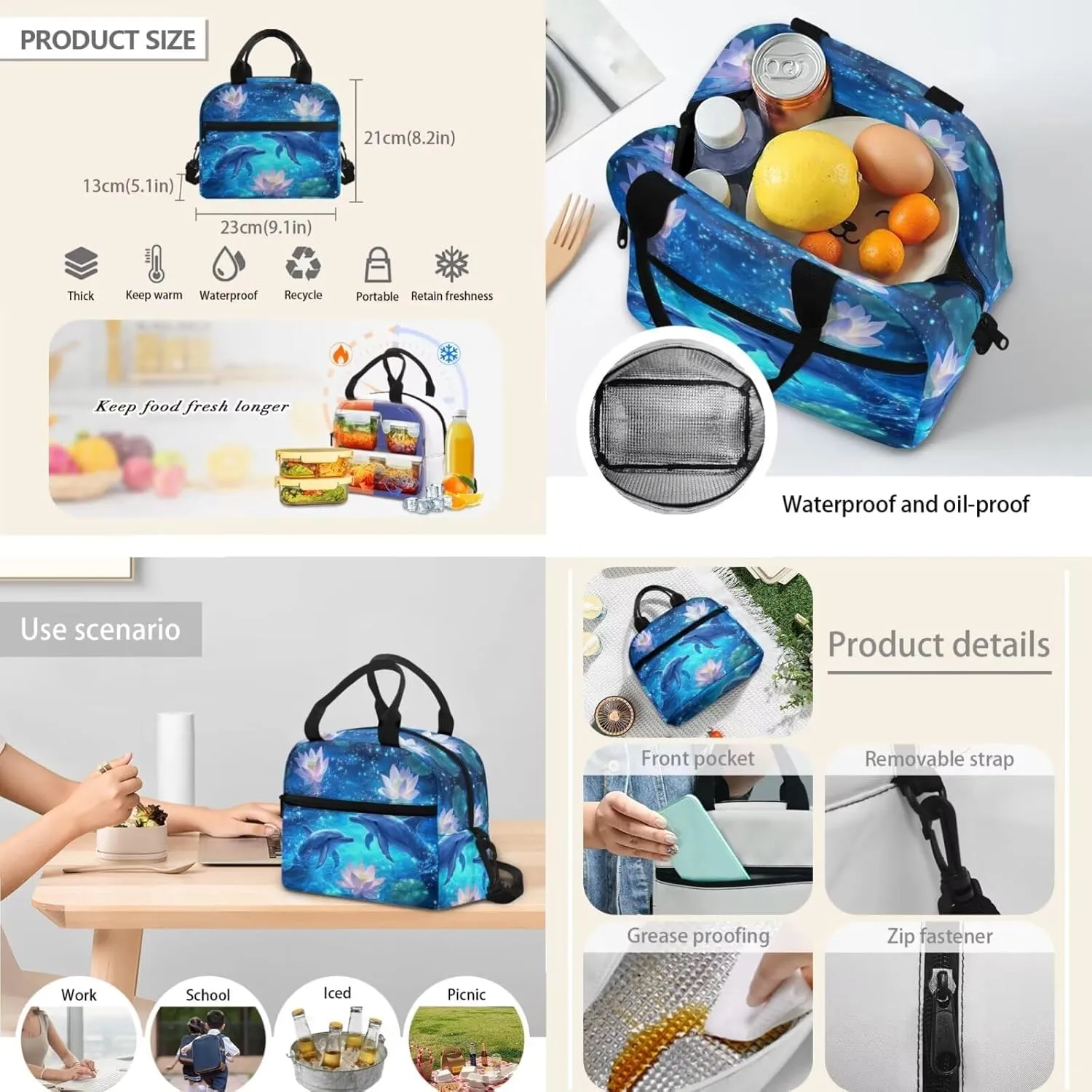 HUGS IDEA Blue Dolphin Backpack for Girls with Lunch Box Sea Animal School Bag for Kids 10-12 School Backpack Set and Lunch Box for Girls 4 Pieces School Bookbag for Middle School Daypack