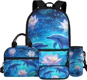 HUGS IDEA Blue Dolphin Backpack for Girls with Lunch Box Sea Animal School Bag for Kids 10-12 School Backpack Set and Lunch Box for Girls 4 Pieces School Bookbag for Middle School Daypack