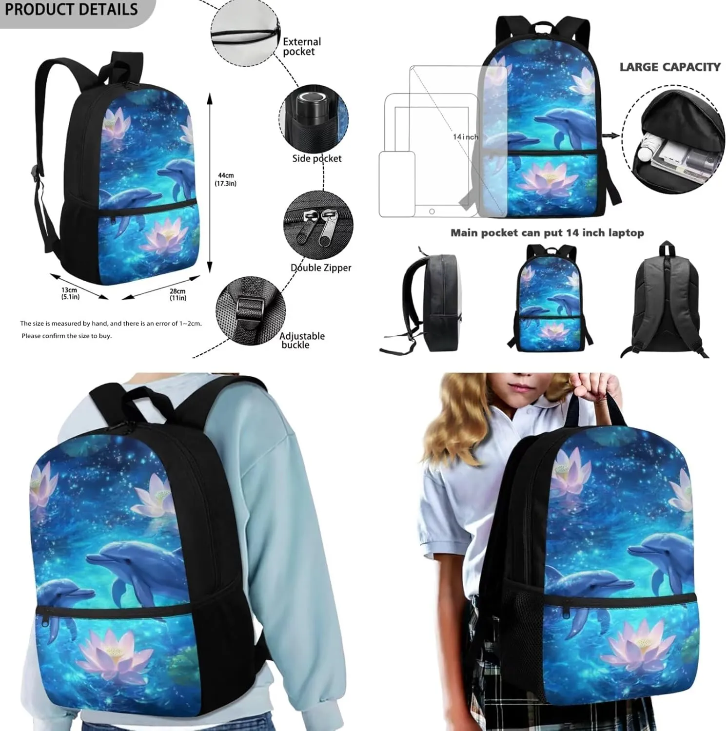 HUGS IDEA Blue Dolphin Backpack for Girls with Lunch Box Sea Animal School Bag for Kids 10-12 School Backpack Set and Lunch Box for Girls 4 Pieces School Bookbag for Middle School Daypack