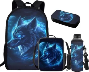 HUGS IDEA Blue Wolf Backpack for Boys with Lunch Box Cool Kids Bookbag for Boys 6-8 Animal School Backpack for Elementary School Boys Book Bag Set Lightweight Children's Schoolbag Set for Boys
